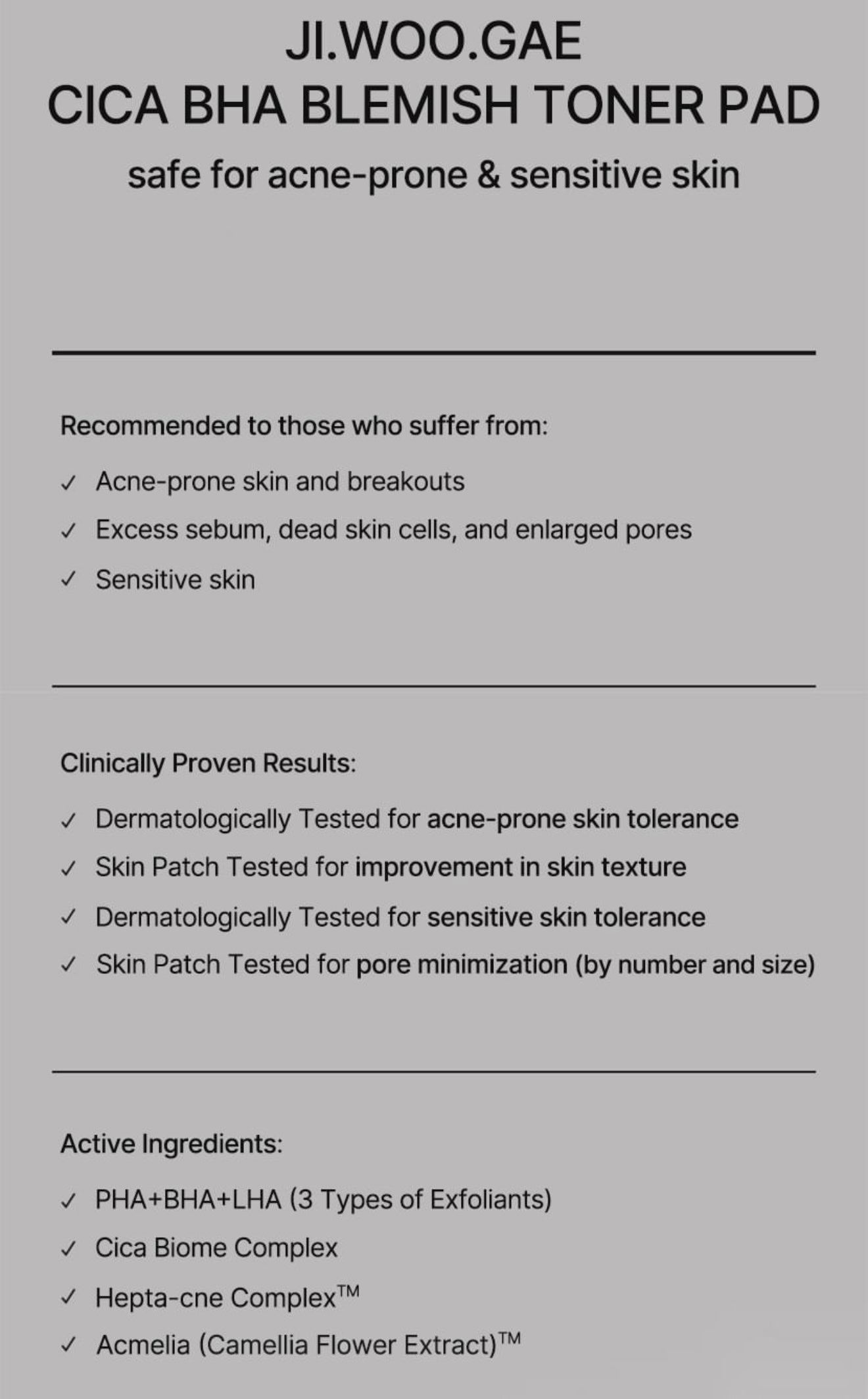 celimax JI WOGAE Cica BHA Blemish Toner Pad